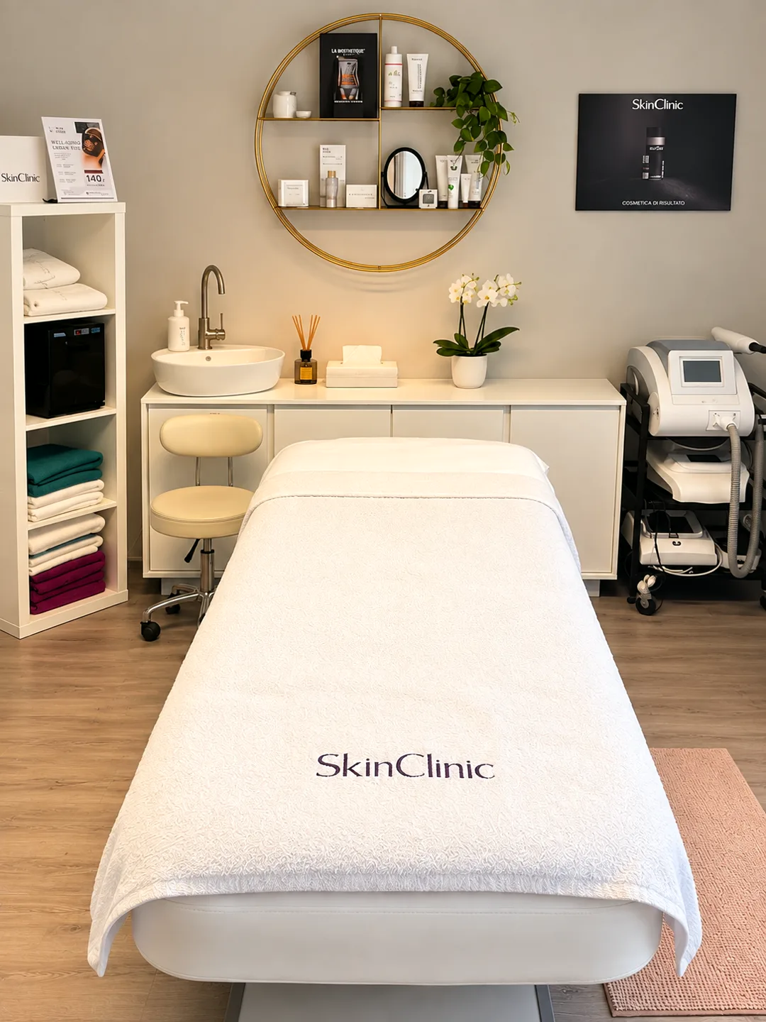 Cabina trattamenti di Skin Clinic: lettino bianco con asciugamano con il logo, mobile con lavabo, mensola circolare con prodotti e carrello con apparecchio