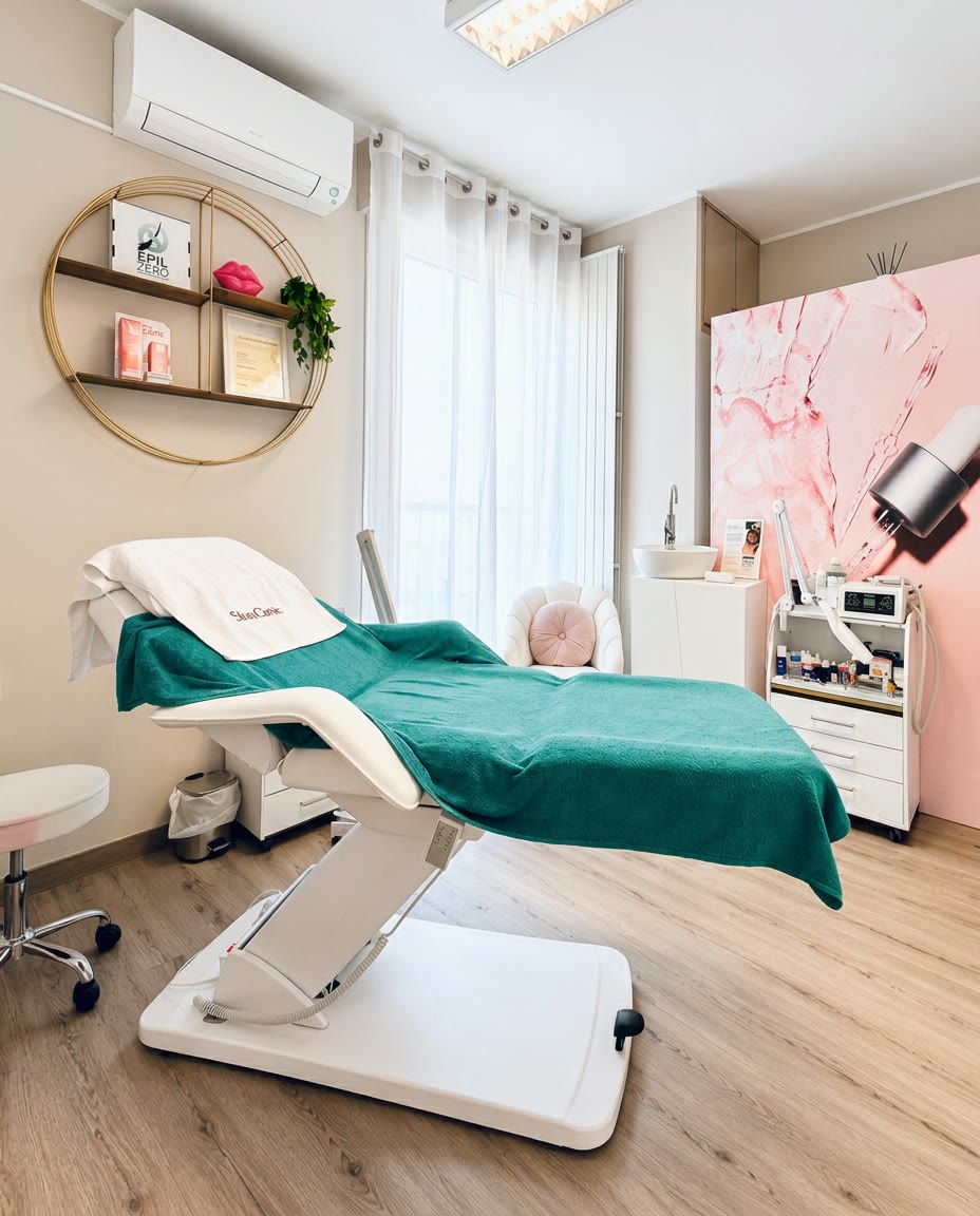 Cabina trattamenti di Skin Clinic Lugano: lettino, finestra luminosa e prodotti